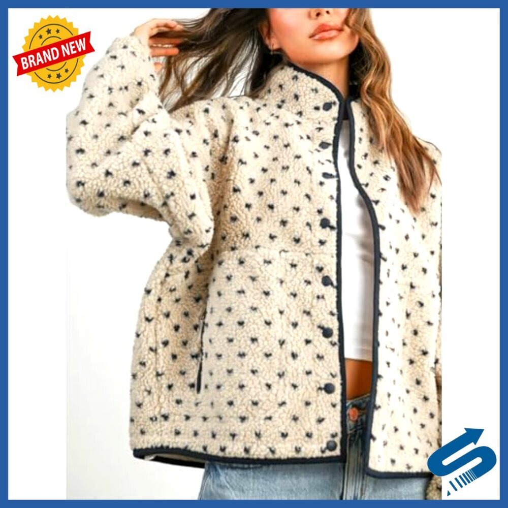 Slouchy Fleece Jacket Women Long Sleeve Button Down High Neck Polka Dot - Picture 3 of 7